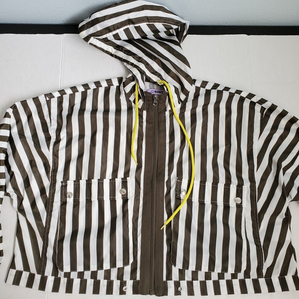 Cisono Women Olive White Striped Hooded Windbreaker Jacket Cropped NYJK202 L